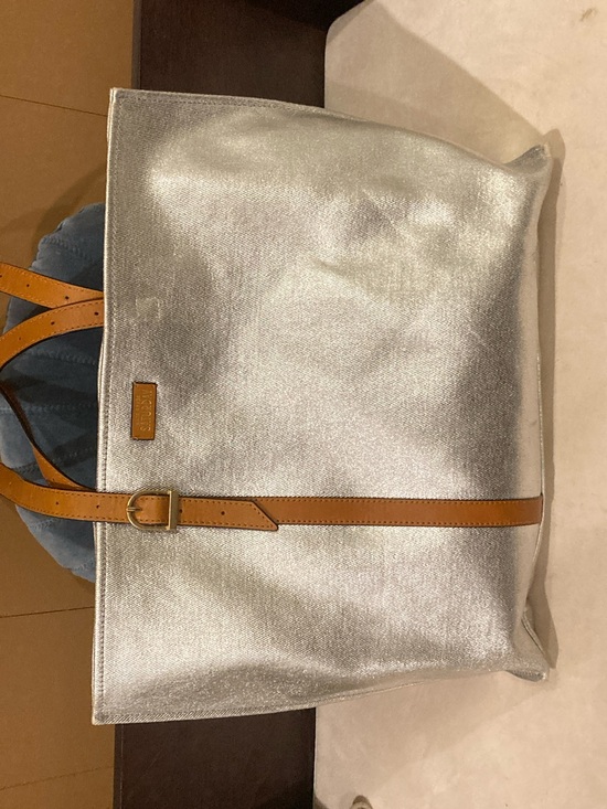 Kate Spade Handbags - Kate Spade Saturday Metallic Silver Tote Bag with Tan Trim